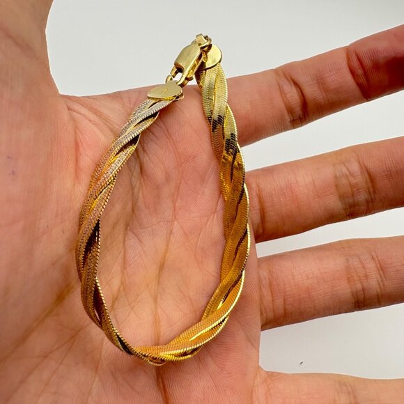 Sterling Silver Two Tone Flattened Twist Herringbone Bracelet Size 7'' Length - Picture 5 of 10
